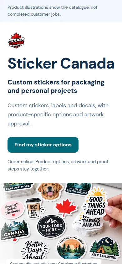 Mobile capture of the actual Sticker Canada example page at 390px width